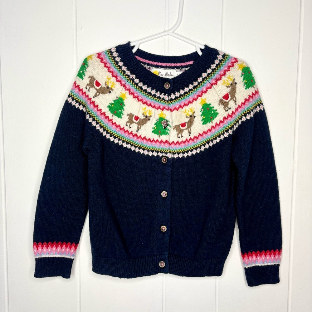 🎄Mini Boden Fair Isle Holiday Cardigan Sweater Christmas Tree Reindeer Holidays